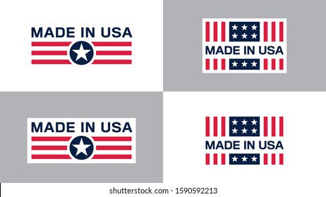 Made in USA (United States of America). Compositions with American flag for label, sticker, pin, etc. Variants for light and dark backgrounds.