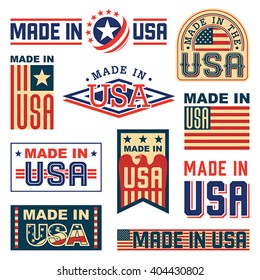 Made in USA (United States of America). Set of different labels, badges, stamps. Isolated on white.