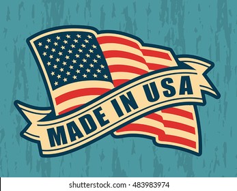 Made in USA (United States of America). Composition with American flag and ribbon in vintage style and colors on scratched background.