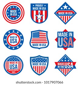 Made in the usa vector labels. American manufacturing stickers. Usa sticker label, american emblem badge illustration