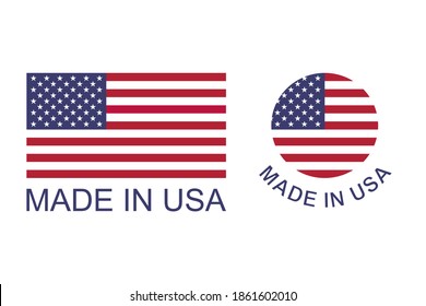 Hergestellt in USA Vektorlogo, Vektorgrafik-Set. US-Ikone mit amerikanischer Flagge.Flagge der Vereinigten Staaten von Amerika.
