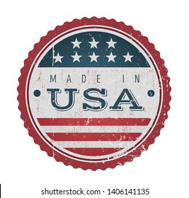 Made In USA Vintage Badge Seal/
Illustration of a cool vintage grunge textured made in USA badge seal certificate with stars and stripes and elegant typography