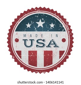 Made In USA Vintage Badge Seal/
Illustration of a cool vintage grunge textured made in USA badge seal certificate with stars and stripes and elegant typography