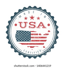 Made In USA Vintage Badge Seal/
Illustration of a cool vintage grunge textured made in USA badge seal certificate with stars and stripes and elegant typography