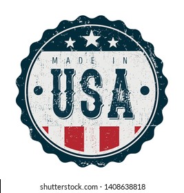 Made In USA Vintage Badge Seal/
Illustration of a cool vintage grunge textured made in USA badge seal certificate with stars and stripes and elegant typography