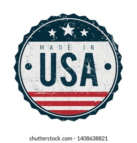Made In USA Vintage Badge Seal/
Illustration of a cool vintage grunge textured made in USA badge seal certificate with stars and stripes and elegant typography
