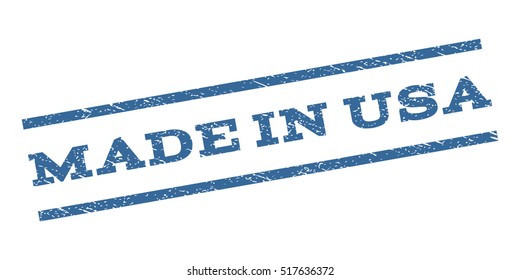 Made In USA watermark stamp. Text tag between parallel lines with grunge design style. Rubber seal stamp with dust texture. Vector cobalt blue color ink imprint on a white background.