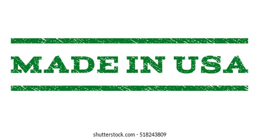 Made In USA watermark stamp. Text tag between horizontal parallel lines with grunge design style. Rubber seal stamp with scratched texture. Vector green color ink imprint on a white background.