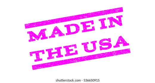 Made In The USA watermark stamp. Text tag between parallel lines with grunge design style. Rubber seal stamp with dirty texture. Vector magenta color ink imprint on a white background.