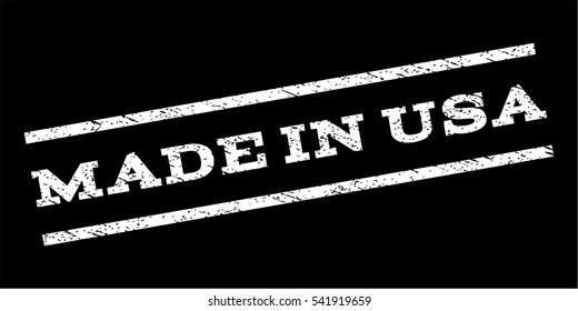 Made In USA watermark stamp. Text tag between parallel lines with grunge design style. Rubber seal stamp with dust texture. Vector white color ink imprint on a black background.