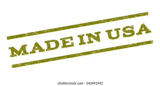 Made In USA watermark stamp. Text caption between parallel lines with grunge design style. Rubber seal stamp with scratched texture. Vector olive color ink imprint on a white background.