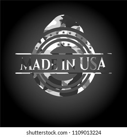  Made in USA written on a grey camouflage texture