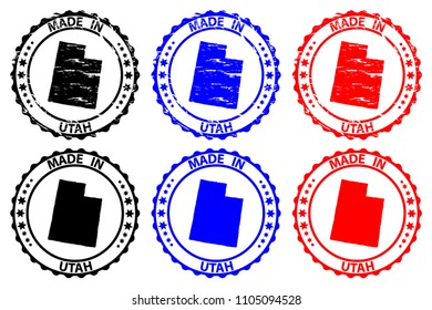 Made in Utah - rubber stamp - vector, Utah (United States of America) map pattern - black, blue  and red
