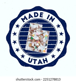 Made In Utah. us state round stamp. Seal of Utah with border shape. Vintage badge with circular text and stars. Vector illustration.