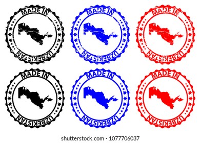 Made in Uzbekistan - rubber stamp - vector, Uzbekistan map pattern - black, blue and red