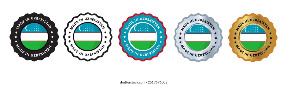 Made in uzbekistan set of sign stamp badge, with varian color blue yellow, silver, gold, black suitable for products manufactured, military, agriculture or food vector illustration eps editable text