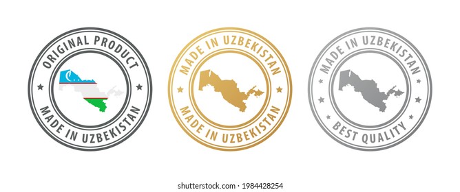 Made in Uzbekistan - set of stamps with map and flag. Best quality. Original product. Vector illustration