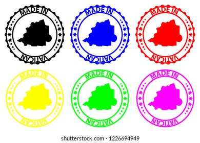 Made in Vatican - rubber stamp - vector, Holy See map pattern - black, blue, green, yellow, purple and red