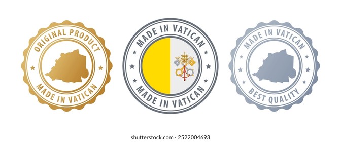 Made in Vatican - set of stamps with map and flag. Best quality. Original product. Vector illustration