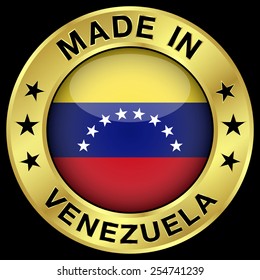 Made in Venezuela gold badge and icon with central glossy Venezuelan flag symbol and stars. Vector EPS 10 illustration isolated on black background.