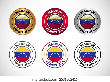 Made in Venezuela: ícone de rótulo com bandeira. Conjunto de ícones para empresa, selo, selo, adesivo, logotipo e símbolo