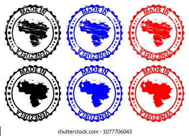 Made in Venezuela - rubber stamp - vector, Venezuela map pattern - black, blue and red