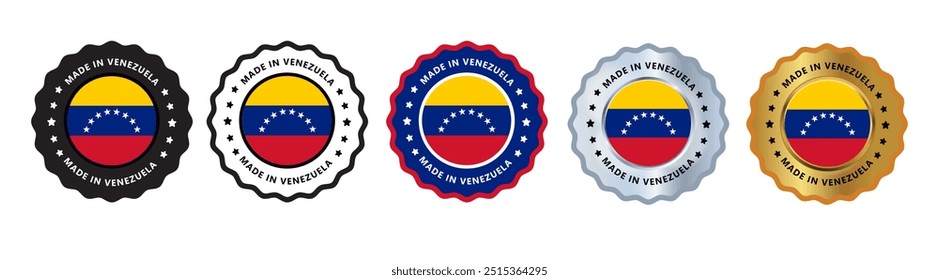 Made in venezuela set of sign stamp badge, with varian color blue, silver, gold, black suitable for products manufactured, military, agriculture or food vector illustration eps editable text