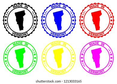 Made in Vermont - rubber stamp - vector, Vermont (United States of America) map pattern - black, blue, green, yellow, purple and red