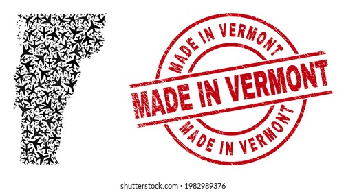 Made in Vermont scratched seal stamp, and Vermont State map collage of air plane elements. Mosaic Vermont State map created with airliners. Red seal with Made in Vermont tag,