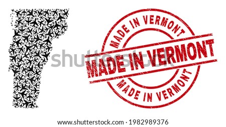 Made in Vermont scratched seal stamp, and Vermont State map collage of air plane elements. Mosaic Vermont State map created with airliners. Red seal with Made in Vermont tag,