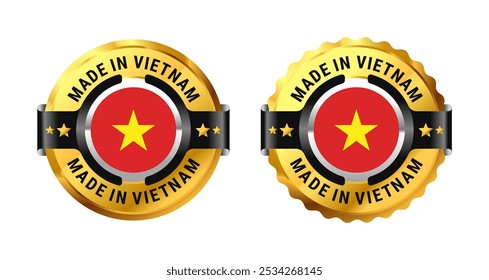 Made in Vietnam logo a gold circle with a picture of a flag in the middle. For icon, label, badge, mark, sign, symbol, etc. Modern and minimalist. Vector Illustration
