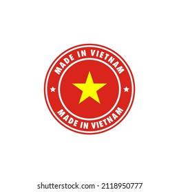 Hecho en Vietnam icono de etiqueta redonda. sello, signo, pegatina, insignia, símbolo, emblema, logo impreso con bandera vietnamita. Ilustración del vector EPS 10.