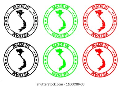 Made in Vietnam - rubber stamp - vector,  Socialist Republic of Vietnam map pattern - black, green and red