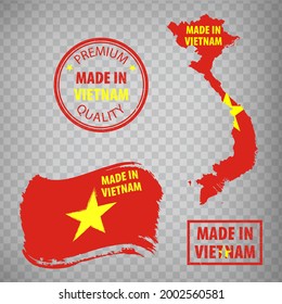 Made in Vietnam rubber stamps icon isolated on transparent background. Manufactured or Produced in  Vietnam. Map Republic of Vietnam. Set of grunge rubber stamps. EPS10.