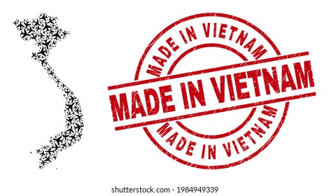 Made in Vietnam scratched seal stamp, and Vietnam map collage of aeroplane items. Collage Vietnam map designed of aviation items. Red badge with Made in Vietnam caption, and corroded rubber texture.