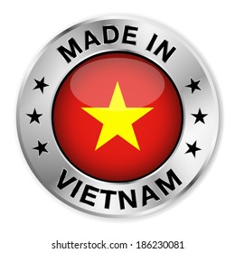 Made in Vietnam silver badge and icon with central glossy Vietnamese flag symbol and stars. Vector EPS 10 illustration isolated on white background.