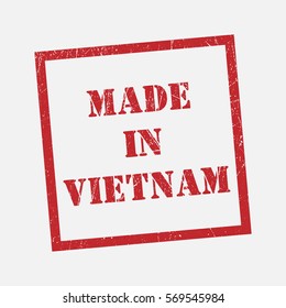 made in Vietnam text rubber seal stamp watermark. Caption inside rounded rectangular banner with grunge design and dirty texture. Slanted vector ink sticker on paper background.