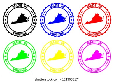 Made in Virginia - rubber stamp - vector, Virginia (United States of America) map pattern - black, blue, green, yellow, purple and red