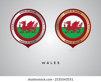 Hergestellt in Wales. Etiketten, Aufkleber, Zeiger, Abzeichen und Symbol der Wales-Flagge Symbol. Sammlungsvektorgrafik