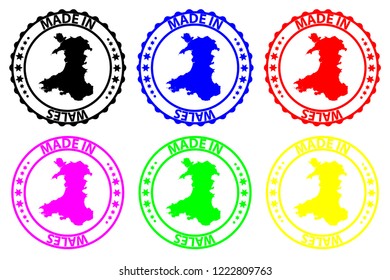 Made in Wales - rubber stamp - vector, Wales map pattern - black, blue, green, yellow, purple and red