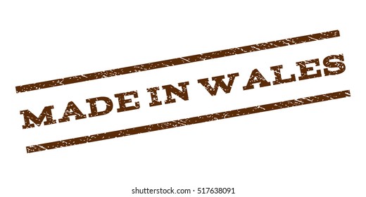Made In Wales watermark stamp. Text tag between parallel lines with grunge design style. Rubber seal stamp with unclean texture. Vector brown color ink imprint on a white background.