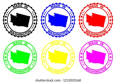 Made in Washington - rubber stamp - vector, Washington (United States of America) map pattern - black, blue, green, yellow, purple and red