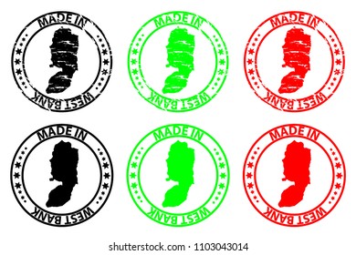 Made in West Bank - rubber stamp - vector, West Bank map pattern - black, green and red