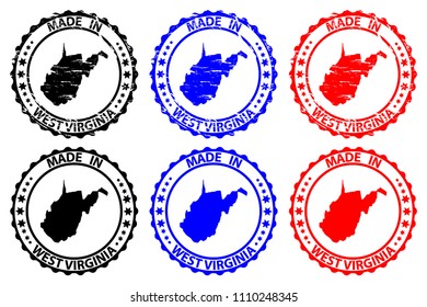Made in West Virginia - rubber stamp - vector, West Virginia (United States of America) map pattern - black, blue and red