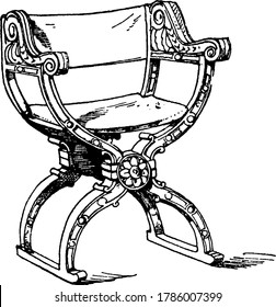 Made of wood and constructed not to fold at all. The seat is made of bands, either textile or leather and is not flexible, it is built to be moveable by means of hinges, vintage line drawing