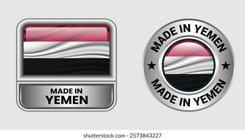 Made in Yemen label icon set in silver color, featuring both rectangular and circular designs. Includes the yemen  flag icon, ideal for business and product branding.