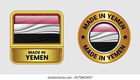 Made in Yemen label icon set in gold color, featuring both rectangular and circular designs. Includes the yemen flag icon, ideal for business and product branding.