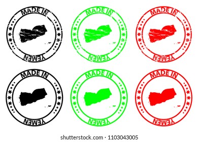 Made in Yemen - rubber stamp - vector, Republic of Yemen map pattern - black, green and red