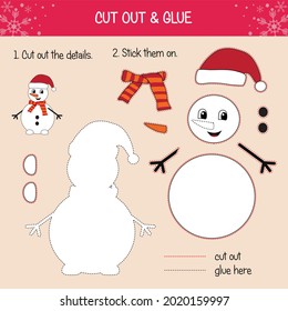 Made your snowman - cut out and glue game for preschool age kids to develop eye-hand coordination and for fun. Printable worksheet with christmas activity.