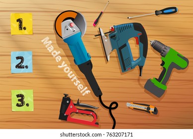 Made yourself home tools on wood table with color stickers